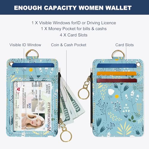Slim Wallet Credit Card Holder, Blue Floral Print, RFID Wallet Women Cute Small Front Pocket Wallet With Zipper, PU Leather Thin travel RFID Blocking Card Case ID Window,Ladies Gifts - color: Blue Floral Print