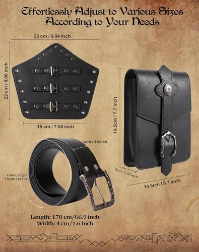 Berenlu Renaissance Accessories, Medieval Belt & Faux Leather Bracers - color: Black Square Pouch