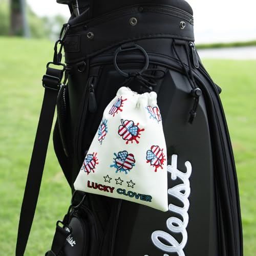 Golf Valuables Pouch - Leather Tee Pouch with Drawstring Closure Golf Gifts - color: USA Lucky Clover