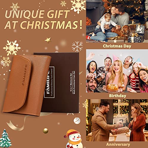 FAMILIFE Gifts for Men, Manicure Set Clippers Manicure Kit Nail Clipper Sets 16pcs Mens Grooming Kits Professional Stainless Steel Nail Kit Brown Leather Case Travel Kits - color: Medium Brown
