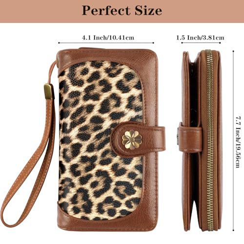 Coco Rossi Light Leopard Print Wallet for Women Large Capacity Long Purse | RFID Blocking, Clutch, Multi Card Holder Wallet, Ladies Purse with Wrist strap Purse, Sunflower Snap Button - color: Light Leopard Print
