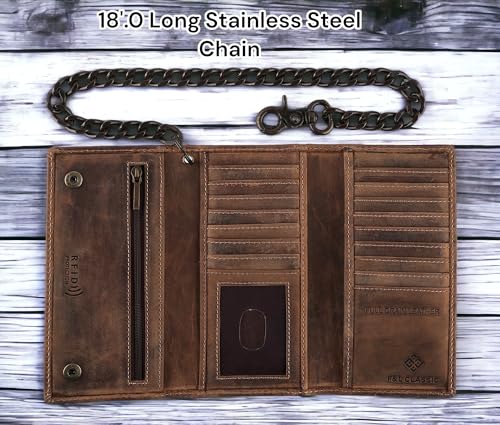 F&L CLASSIC RFID Blocking Mens Tri-fold Long Style Cowhide Leather Steel Chain Wallet,brown distress with skull,212-70 - color: brown distress with skull