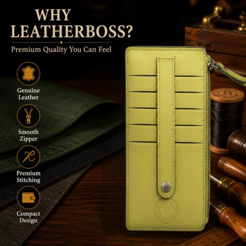 Leatherboss Genuine Leather Women's All in One Credit Business Card Case Holder Slim Zipper Wallet With a Card Protection Strap, Lemon - color: Lemon