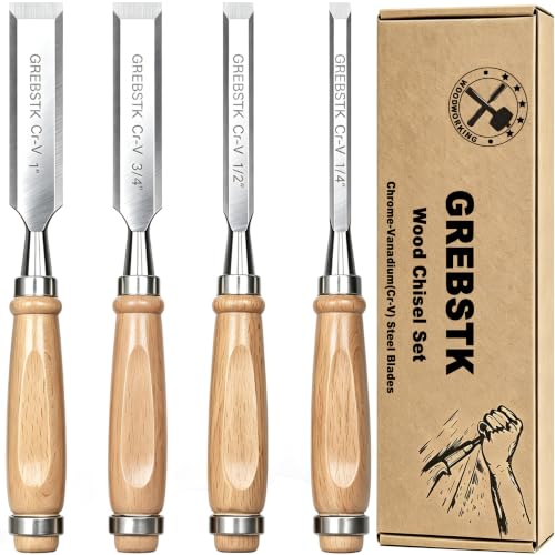 GREBSTK 4 Piece Wood Chisel Set CR-V Steel Sharp Bevel Edge for Woodworking | Chromium Vanadium, High Hardness & Durability. Ergonomic Beech Handle. 1/4“, 1/2”, 3/4“, 1" with Covers for Carving & DIY.