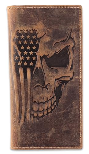 F&L CLASSIC Men's RFID Vintage Look Genuine Leather Long Bifold Wallet Checkbook Wallets,brown flag skull,240-103 - color: brown with flag skull