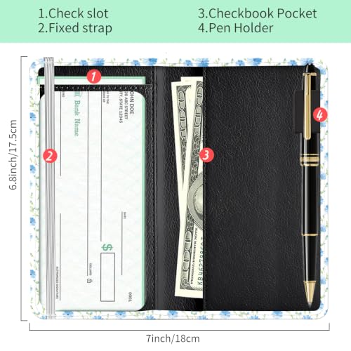 Checkbook Cover for Personal Checkbook, Cute Pu Leather Check Book for Women & Men, Slim Checkbook Holder with Pen Holder and Built-in Clear Plastic Divider, Tiny Blue Floral - color: Tiny Blue Floral