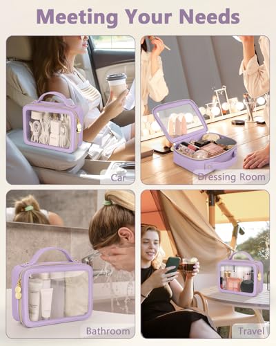 Soimeat Clear Makeup Bag, Portable Travel Cosmetic Bags, Multipurpose Leather Toiletry Bag with Zipper, Waterproof Transparent Cosmetic Organizer for Women, Medium, Purple - color: Purple, size: Medium