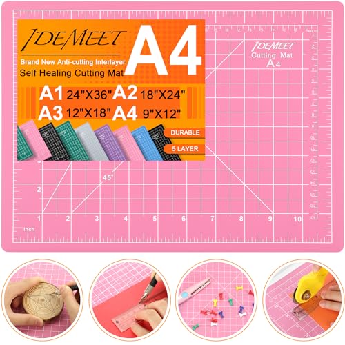 Density-upgraded 9"x12" Self Healing Cutting Mat, Idemeet Rotary Sewing Mat for Crafts, 5-Ply Blade Table Protector Cut Board for Fabric Leather Cutting Quilting Modeling Hobby Project, A4, Pink - color: Pink, size: 12"L x 9"W