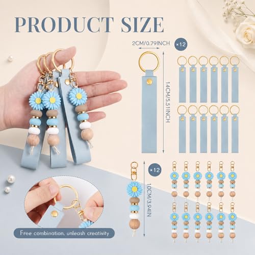 Wavyknot 12 Pack Daisy and PU Leather Beadable Keychain Bars Bulk Laser Engraving Blanks Keychain Kit for DIY Crafts Jewelry(Blue,Rectangle) - color: Blue, style: Rectangle