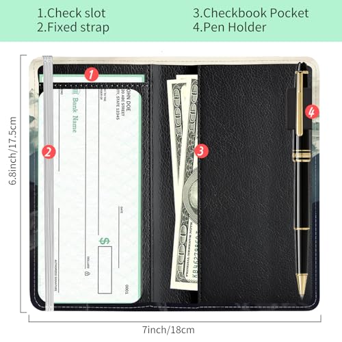 Checkbook Cover for Personal Checkbook, Cute PU Leather Check Book for Women & Men, Slim Checkbook Holder with Pen Holder and Built-in Clear Plastic Divider Forest Mountain Fog - color: Forest Mountain Fog