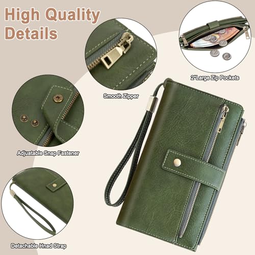 Large Wallets For Women Rfid Blocking Wallet Pu Leather Ladies Wallets Zipper Long Wallet With 24 Card Holders,2 Id Windows And Coin Pocket Wristlet Purses For Women Ladies. Green - color: Green