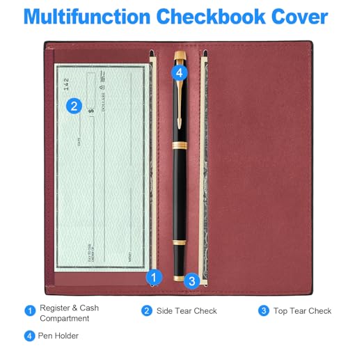 CASMONAL Checkbook Cover for Personal, Check Book Holder for Women & Men | PU Leather with Pen Holder, Transparent PVC Divider for Duplicate Checks - color: Red Wine
