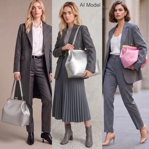 Kiss Lock Frame Handbag, PU Leather Shoulder Tote Bag Messenger Hobo Clutch Purse for Women Formal Work Leisure - color: Bright Silver