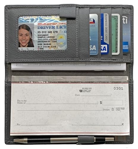 RFID Leather Checkbook Cover With Credit Card Slots and Pen Holder - color: Grey