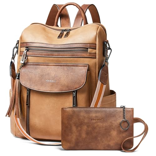 Backpack Purse for Women Fashion Leather Backpack Purse Designer Travel Backpack Convertible Shoulder Bag with Wristlet - color: 2-6 Camel With Brown