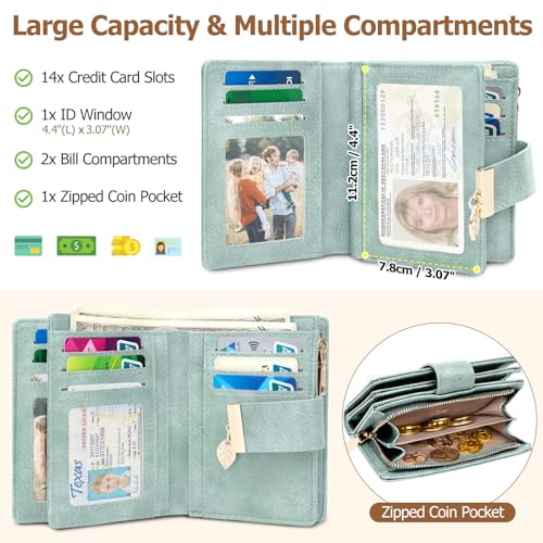HUANLANG Small Wallets Women RFID Blocking Ladies Wallet with Zipper | Women’s Wallet Credit Card Holder, Leather, ID Window, Zipper Coin Pocket,Bifold,Perfect Gifts,Fits Small Purses,Travel,Green - color: Light Green