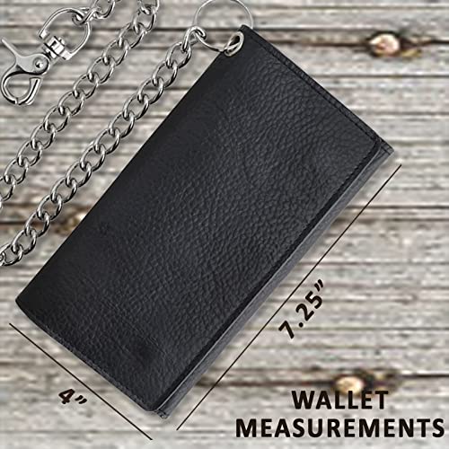 F&L CLASSIC RFID Blocking Mens Tri-fold Long Style Cowhide Leather Steel Chain Wallet,Black - color: Black