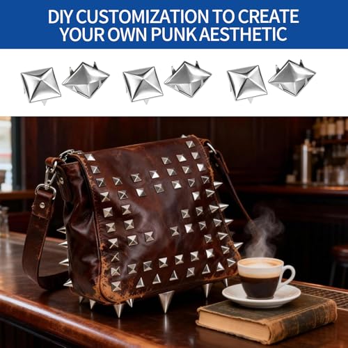 1220PCS Assorted Sizes Pyramid Studs for Clothing,Silver Square Studs and Spikes with Awl and Screwdriver, Metal Studs for Punk Rock Jewelry Crafts, Clothes, Leather, and Accessories - size: 1220PCS