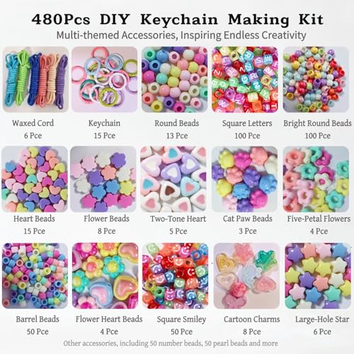Kupor 480PCS DIY Keychain Making kit - Vibrant Color Beads with Organized Storage Box, Versatile Bag Charms Supplies, Multi-Functional Bead kit for Keychains/Bag Charms, Beginners Craft Lovers Gift