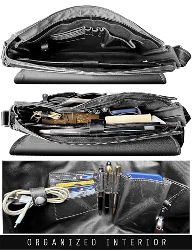 Leather Messenger Bag for Men - 16 Inch Full Grain Vintage Laptop Satchel | Crossbody Office Bag Fits 16" Laptop, Quick Access Pockets, Adjustable Shoulder Strap, Magnetic Closure, Travel Trolley Strap - color: Black