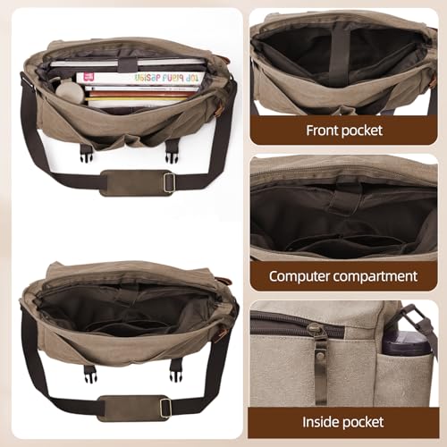 Messenger Bag for men Laptop Bag UnisexRetro Canvas Bag14-15.6 inches Casual single shoulder bag For Work College Travel - color: Brown
