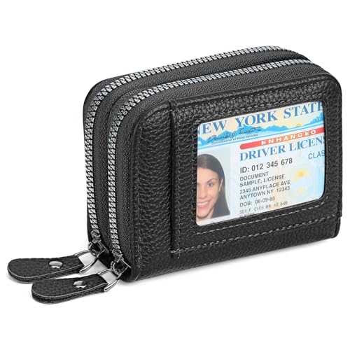 RNIEGA Credit Card Holder Wallet RFID Blocking Leather Small Wallet for Women Double Zipper Wallet with ID Window - color: A-Black