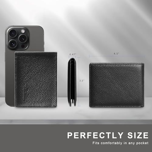 Travelambo Genuine Leather Wallet for Men with Gift Box - Handmade Bifold Stylish - Mens Wallets Rfid Blocking with 2 ID Windows - color: Lychee Black