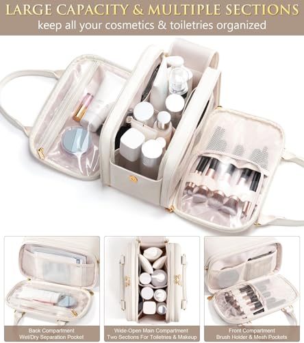 Bagstellar Travel Makeup Bag, Large Capacity Quilted Toiletry Bag for Women Stand-up Cosmetic Bag Open Flat Make Up Case Organizer Portable Pouch Purse w/Handle for Traveling Accessories Ivory White - color: Off-White