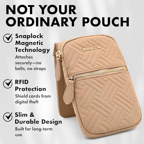 Magnetic Hip Pouch - RFID Blocking Pouch and Key Fob Protector - Zippered Pocket, Magnetic Snaplock Attachment - Lightweight Travel Wallet, Hip Bag for Concerts and Errands - Sandstone Quilt - color: Sandstone