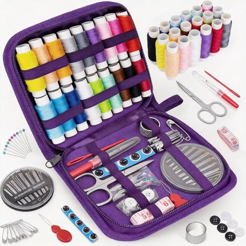 MIXCOOL Sewing Kit for Adults, Beginners, Needle and Thread Kit, Portable Sewing Supplies, Contains Thread, Scissor, Needles, (Purple, M) - color: Purple, size: M