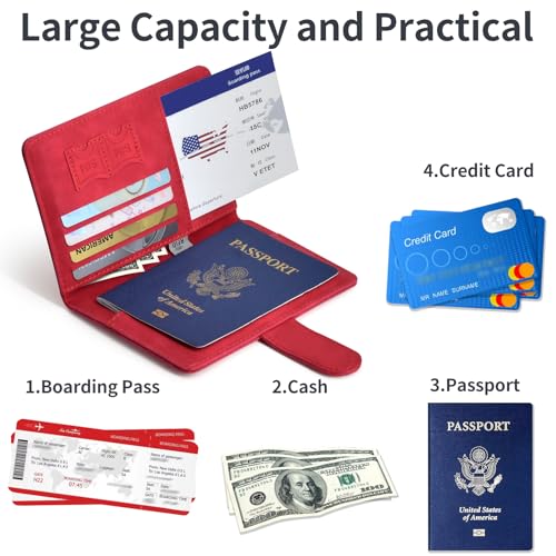 Passport Holder, Passport Cover with Credit Card Slot and Boarding Pass Slot Combo, Passport Wallet Case Book Travel Must Have, RFID Blocking Leather Travel Accessories, Red - color: Red