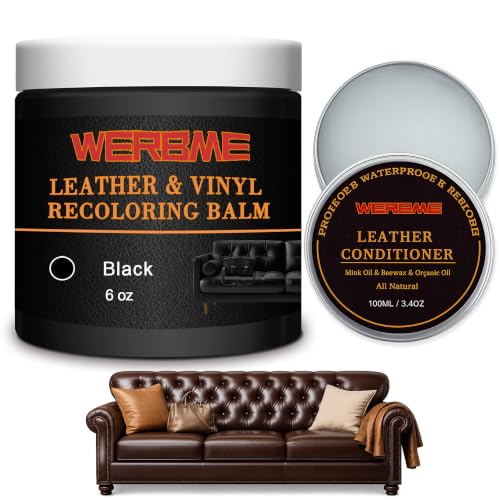 Leather Recoloring Balm & Mink Oil Leather Conditioner, Black | Restores faded leather, waterproof, scratch repair for couches, car seats, shoes & bags, Complete kit with mink oil & tools - color: Black