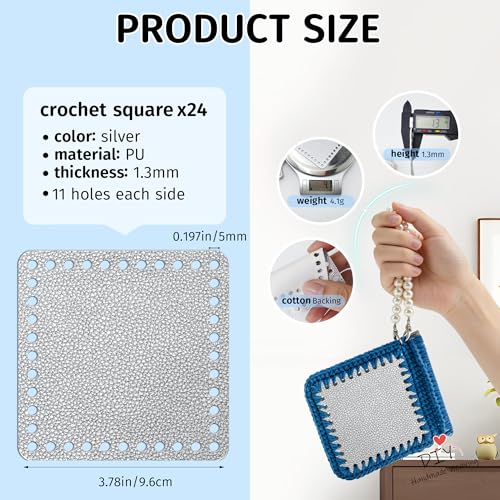 24pcs Faux Leather Squares for Crochet Beginners,Work with Granny Square Projects Weaving Handmade Handbag/Coin Purse/Phone Bag/Pouch/Pillow Case/Jacket,Perfect for DIY Unique Gifts (Light Gold) - color: Light Gold