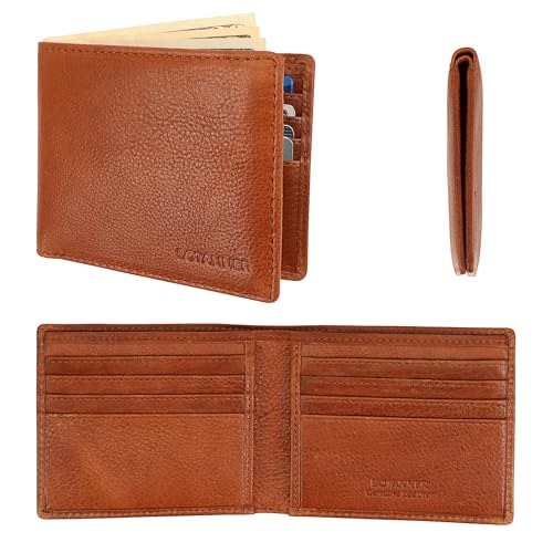 Mens Genuine Leather Bifold Wallet RFID Blocking 8 Credit Card Slots 2 Sections for Bills & 2 Additional Slots | Tan - color: Tan, size: 8 Card + 0 ID