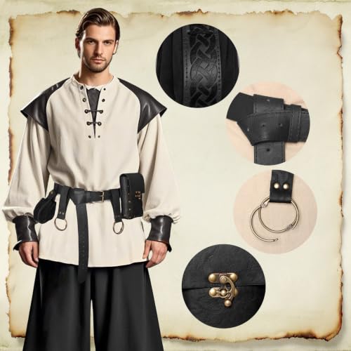 Renaissance Belt Pouch Medieval Pirate Costume Accessories Set for Cosplay | Viking Faux Leather Waist Bag, Skirt Hike Clips, Perfect for Women and Men Ren Faire, LARP, Fantasy, Halloween - color: Black