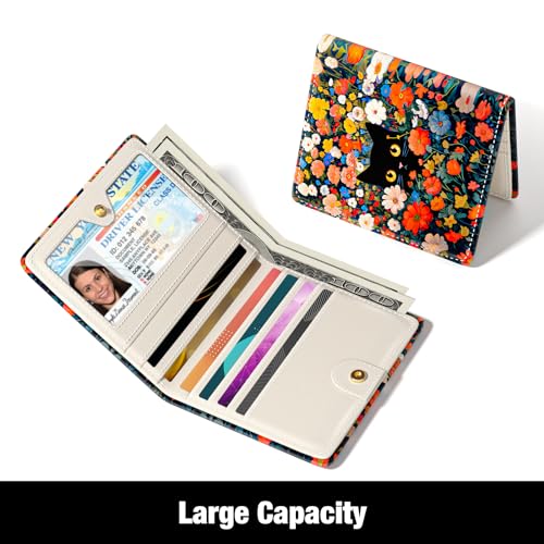 Rouidr Womens Wallet, RFID Small Slim Wallet for Women, Cute Bifold Leather Pocket Credit Card Holder Ladies Mini Purse with Zipper Coin Pocket & ID Window, Colorful Flowers Cat - color: Colorful Flowers Cat