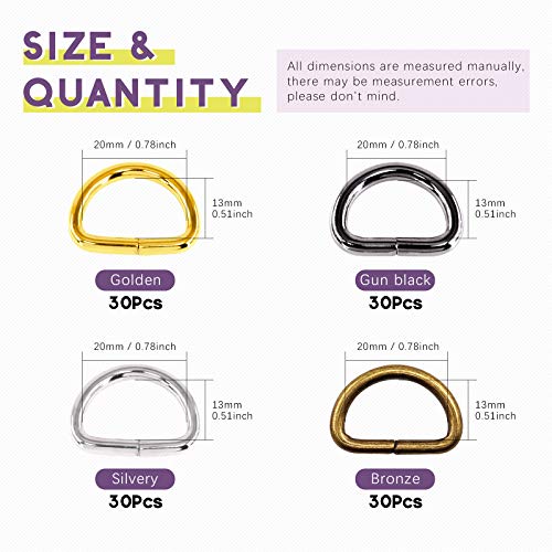 Swpeet 120Pcs 3/4 Inch - 20mm 4Colors Multi-Purpose Metal D Ring Semi-Circular D Ring for Hardware Bags Ring Hand DIY Accessories (Mixed Color, 3/4 inch) - color: Mixed Color, size: 3/4 inch