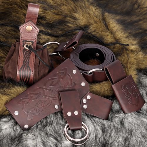 Renaissance Belt Pouch Medieval Pirate Costume Accessories Set for Cosplay | Viking Faux Leather Waist Bag, Skirt Hike Clips, Perfect for Women and Men Ren Faire, LARP, Fantasy, Halloween - color: Brown-W