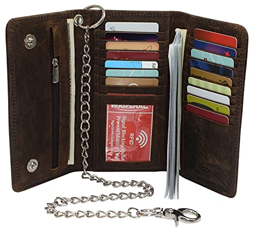 RFID Blocking Mens Tri-fold Long Style Crazy Horse Leather Steel Chain Wallet, (Brown, Silver Chain) - color: Brown, Silver Chain