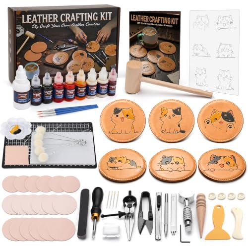 Nitlak Leather Crafting Kit, Leather Working Tools, Coaster Making Kit | Leather Making Kit for Beginners Carving Cutting Punching Dyeing Sewing, Crafting Coasters for Home Bar Decoration