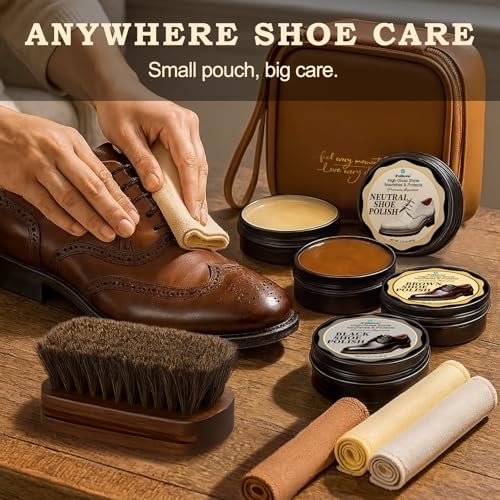 Feilove Shoe Polish Kit 8PCS – Premium Black, Brown & Neutral Polish, Horsehair Brush, 3 Cloths & Compact Pouch for Leather Shoe Care, Waterproof for Boots and Shoes, Office and Travel
