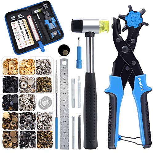Preciva Hole Punch Plier, Revolving Punch Tool Kit with Pliers, Ruler, Grinding Rod, Plastic Hammer, 340pcs Snap Fasteners & Rivets - color: Blue