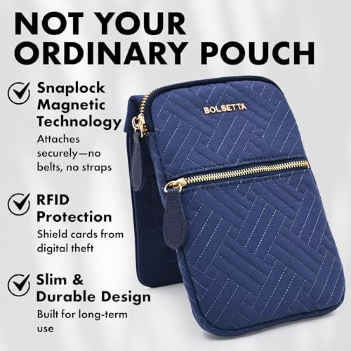Magnetic Hip Pouch - RFID Blocking Pouch and Key Fob Protector - Zippered Pocket, Magnetic Snaplock Attachment - Lightweight Travel Wallet, Hip Bag for Concerts and Errands - Navy Quilt - color: Navy