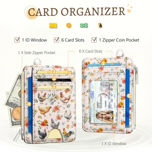 Kelvoris Credit Card Holder Small Wallet Women, Slim RFID, Chicken Rooster | Keychain, Zipper Coin Pocket, Front Pocket Thin Travel Card Case, Minimalist, 6 Card Slots, 1 ID Window, Ladies Gifts Woman - color: Chicken