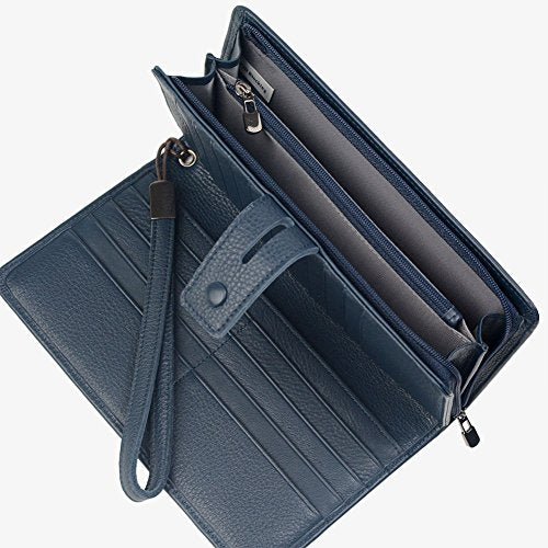 Bveyzi Women's Big Fat Rfid Leather Wristlet Wallet Organizer Large Phone Checkbook Holder with Zipper Pocket (Navy Blue) - color: Navy Blue