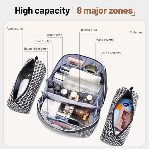 BOYATU Travel Makeup Bag Cosmetic Bags for Women: 3 Pcs Set Make up Bag | Large Capacity Waterproof Vegan Leather Organizer Bags with Compartments - Lay flat Toiletry with Handle (M-76Black) - color: M-76Black