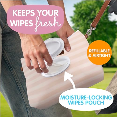 Bumco Portable Diaper Clutch Bag with Built-In Baby Wipes Dispenser | Airtight refillable wet wipes dispenser container. Portable travel pouch holder for quick baby cleanups on the go. - color: Beige