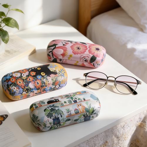 PERFECTSIGHT Sunglasses Case, Large Hard Shell Glasses Case, Cute PU Leather Protective Eyeglasses Case for Women Men - color: Pink Flower