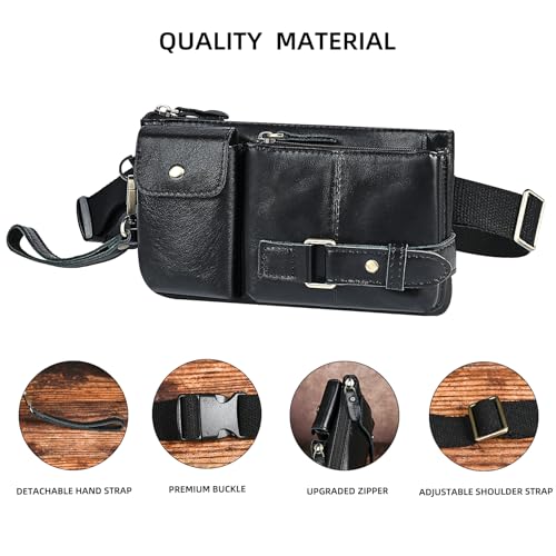 Water Resistant Canvas + Leather Hiking Riding Travel Fanny Waist Pack Small Phone Pouch For Men Women FB811-29 (100% Leather-The 8135 Black) - color: 100% Leather-The 8135 Black