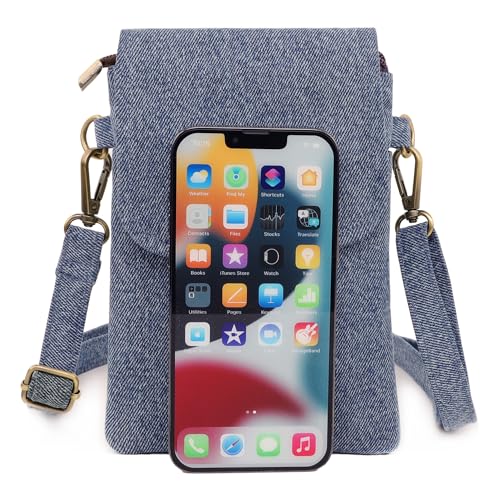 SILKAREA Vintage Embroidered Canvas Flip Small Crossbody Bag Cell Phone Pouch for Women Wristlet Wallet Bag Coin Purse - color: Denim Blue-b